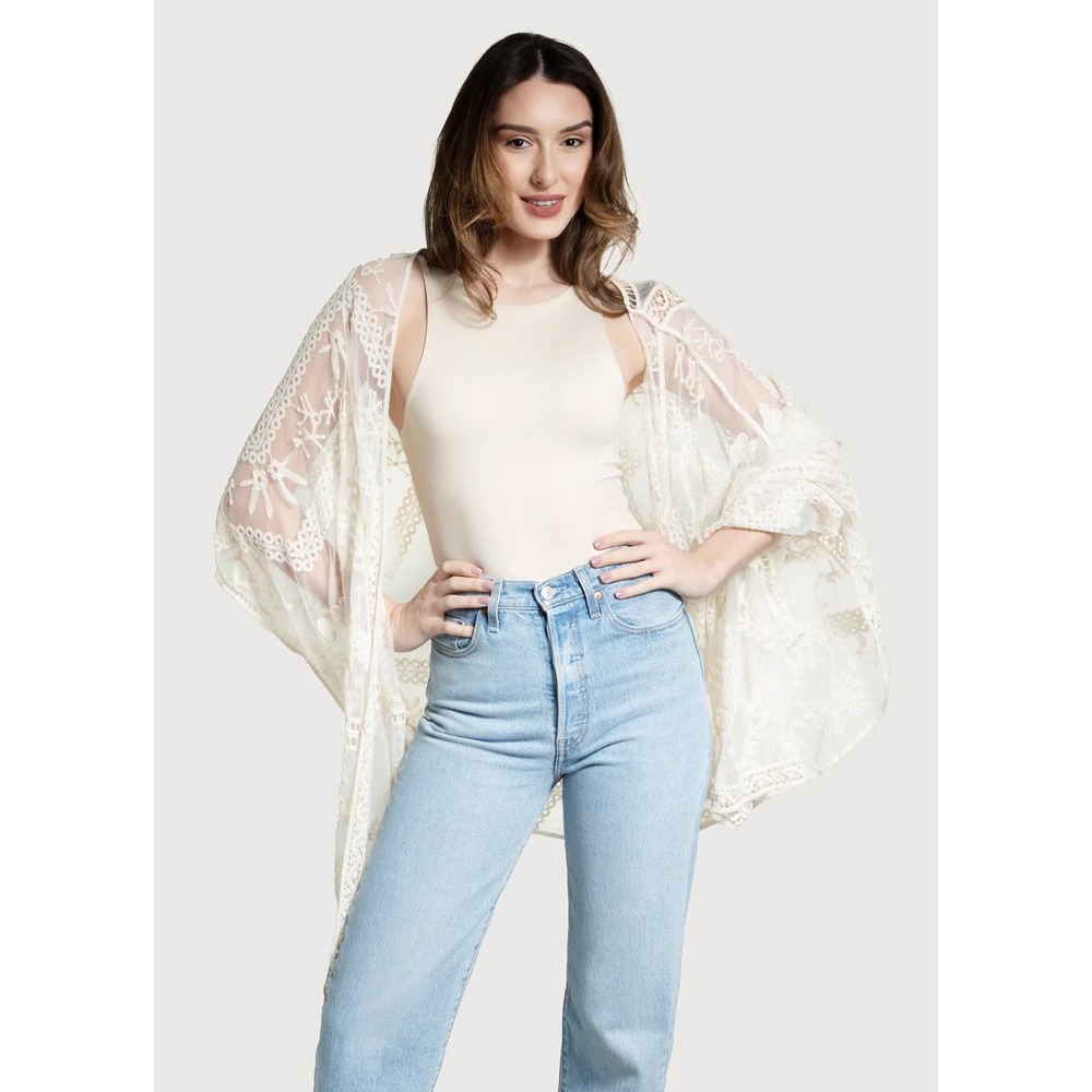 Saachi Embroidered Lace Mesh Kimono Wrap Women OS White NWT Anthropologie